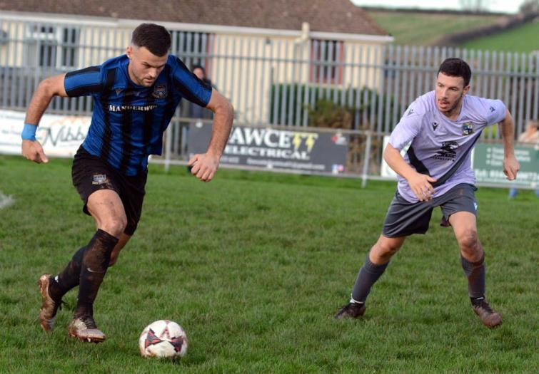 Goal scorer Ashley Beven on the front foot for Hakin against Monkton. Picture Gordon Thomas